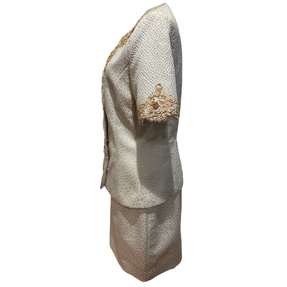 2PC RICKI FREEMAN TJ EVENING CREAM & GOLD & SEQUIN SHORT SLEEVE JACKET & SKIRT 8 - Picture 5 of 8